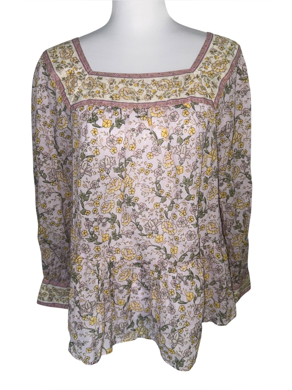 American Eagle Floral Peplum Blouse Small Pink Yellow Square Neck 100% Cotton